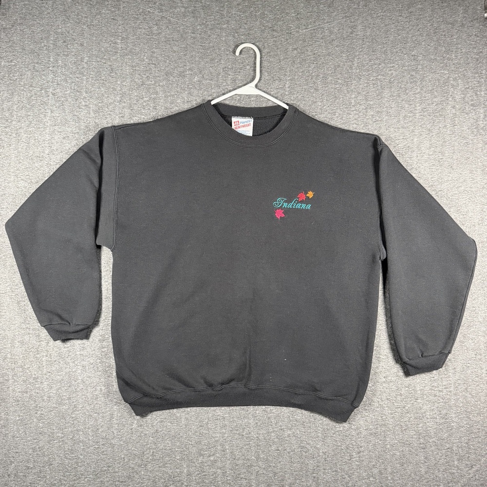 Vintage Indiana Hanes Sweatshirt Mens XL Black Leaf Embroidered Crewneck USA 90s